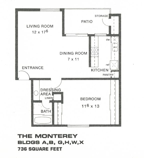 Floorplan of The Monterey, 734 square feet