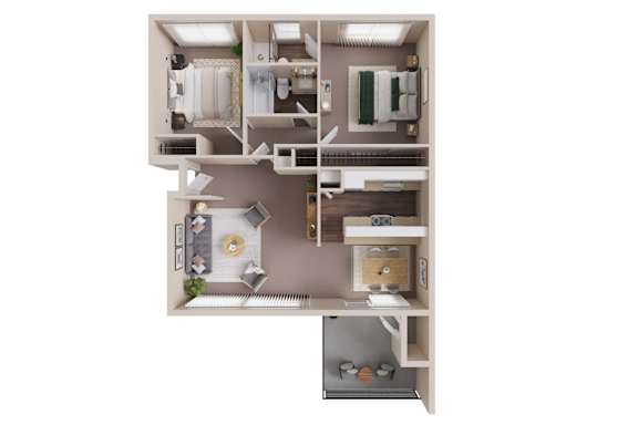 A 3D floor plan of a two-bedroom apartment with a kitchen, living room, two bedrooms, and two bathrooms.