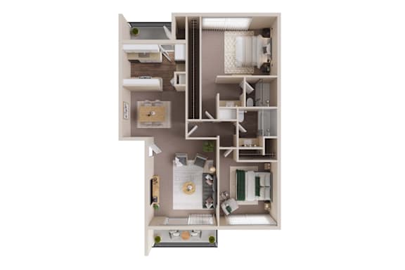 A 3D floor plan of a two-bedroom apartment with a kitchen, living room, two bedrooms, and two bathrooms.