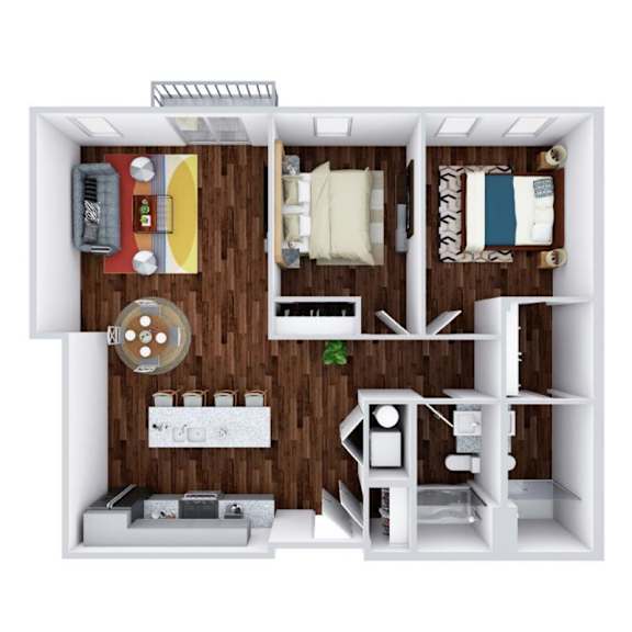 A 3D floor plan of a small apartment with a kitchen, living room, and bedroom.