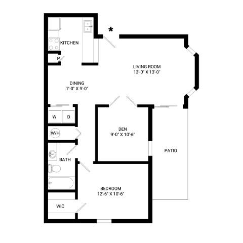 1 Bedroom Den Floor Plan | 836 Sq. Ft. at Bradford Pointe, Augusta