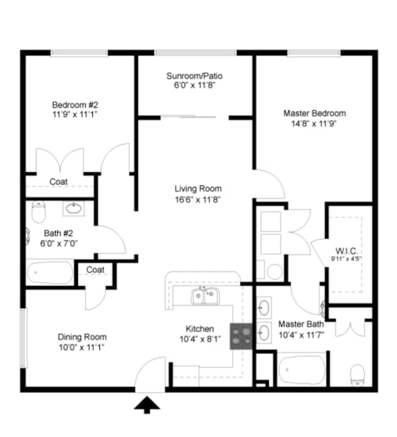 2 Bed 2 Bath with Kitchen Floorplan at Palmera, South Carolina