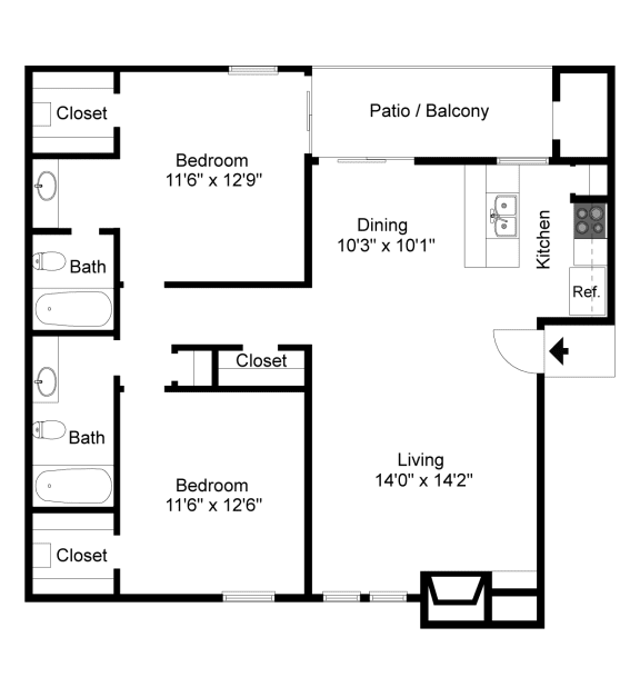 2D image of B2 floor plan, 2bed, 2bath, 944sqft. Montfort Crossing apartments in Dallas, TX