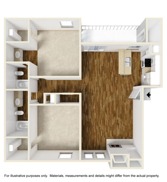 3D Unfurnished B2 floor plan, 2bed, 2bath, 944sqft. Montfort Crossing apartments in Dallas, TX