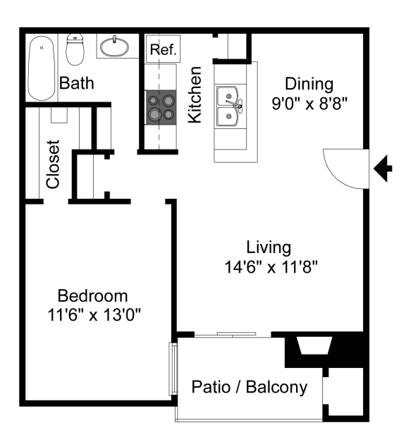 Montfort Crossing A2 floor plan 2D, 1 bed 1 bath and 609sqft. Apartments in Dallas TX.