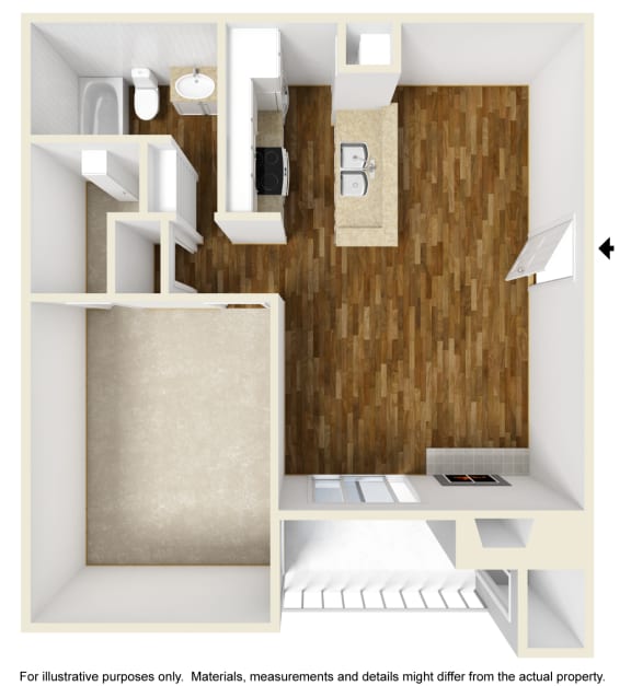 Montfort Crossing A2 floor plan 3D Unfurnished, 1 bed 1 bath and 609sqft. Apartments in Dallas TX.