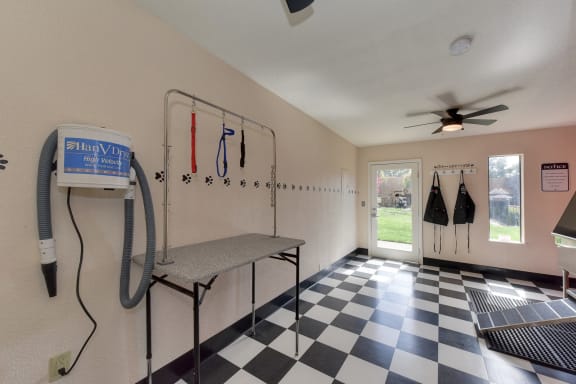 Community Pet  Washing and Grooming Area with Dog Washing Station, Black/White Checker Pattern Floor and Ceiling Facn at Fountains of Fair Oaks, California