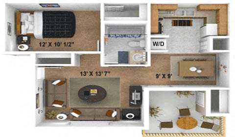 1 Bedroom, 1 Bathroom Floor Plan, 655 Sq.Ft