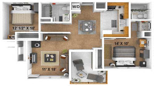 2 Bedroom, 2 Bathroom Floor Plan, 875 Sq.Ft