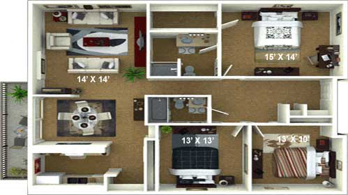 3 Bedroom, 2 Bathroom Floor Plan at The Renaissance Apartments, Citrus Heights, CA