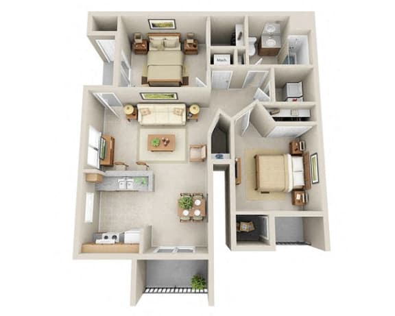 Traveler Two Bedroom Apartment Floor Plan 3D Image