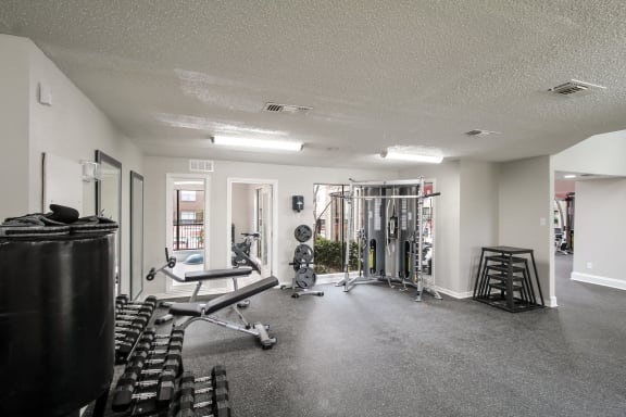 a gym with weights and cardio equipment at Seacrest Apartments, Garland, Texas