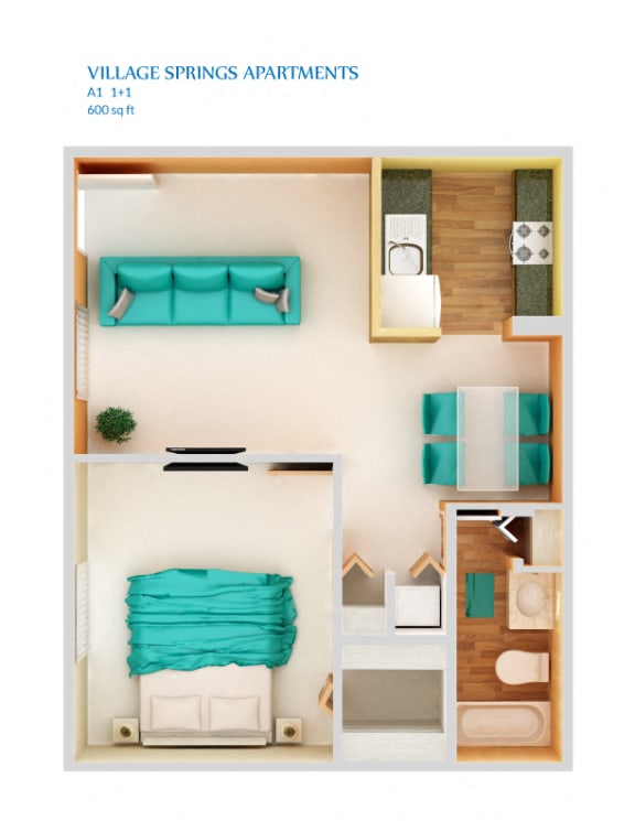 1 Bedroom A1 Floor Plan at Village Springs, Florida, 32808