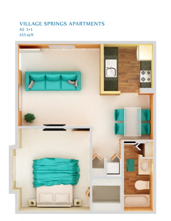 1 Bedroom A2 Floor Plan at Village Springs, Orlando, FL, 32808