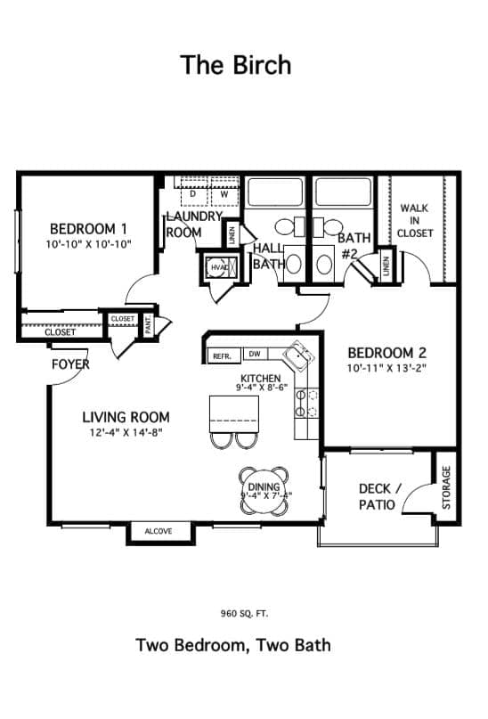 A floor plan of a home with two bedrooms and two bathrooms.