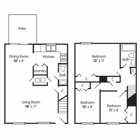 A floor plan of a three bedroom apartment with a living room, dining room, kitchen and bathroom.