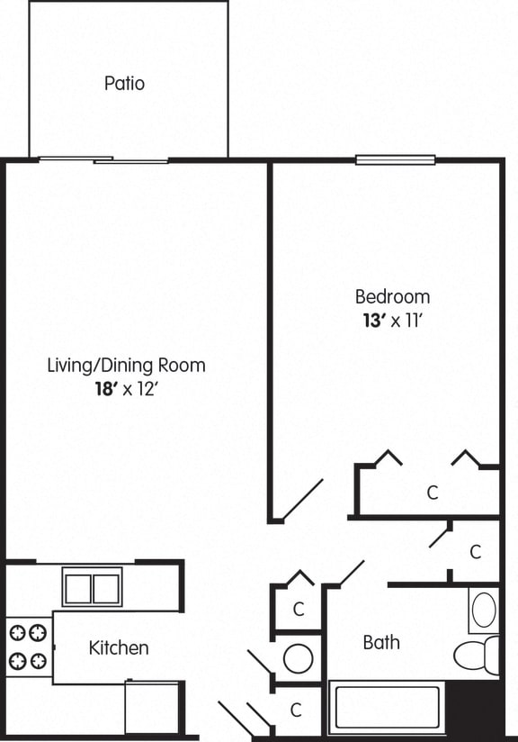 A floorplan for the standard one bedroom apartment with living/dining room, kitchen, bathroom and bedroom.