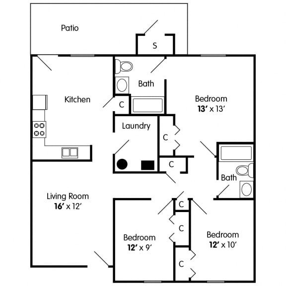 Floor Plan  Pine: 3 Bedroom Apartment