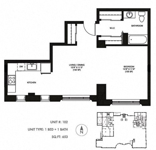 1 Bed 1 Bathroom 653 sqft Floor Plan at Somerset Place Apartments, Chicago, Illinois