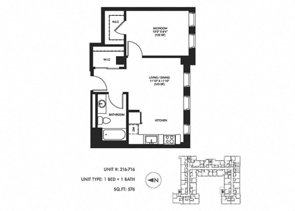 1 Bed 1 Bath 576 sqft Floor Plan at Somerset Place Apartments, Chicago