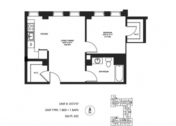 1 Bed 1 Bath 632 sqft Floor Plan at Somerset Place Apartments, Illinois, 60640