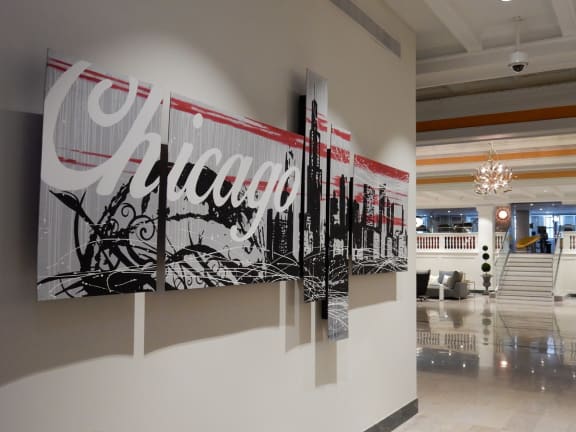 Wall art with Chicago written on it at Somerset Place Apartments, Chicago