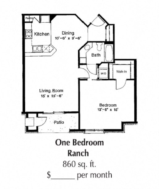 1 Bedroom 1 Bath Floor Plan at Deer Creek Apartments, Middleton, WI