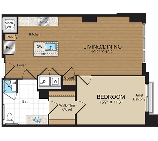 1 bed 1bath A1b-ANSI Floorplan at Harrison at Reston Town Center