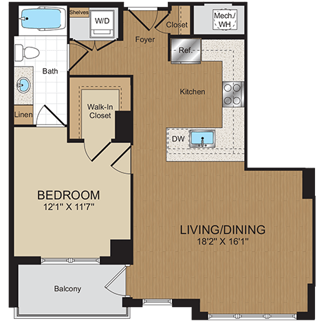 1 bed 1bath A2 Floorplan at Harrison at Reston Town Center