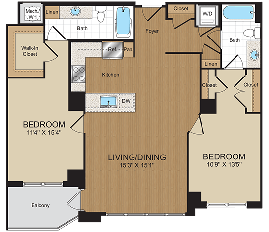 2 bed 2bath C1 Floorplan at Harrison at Reston Town Center