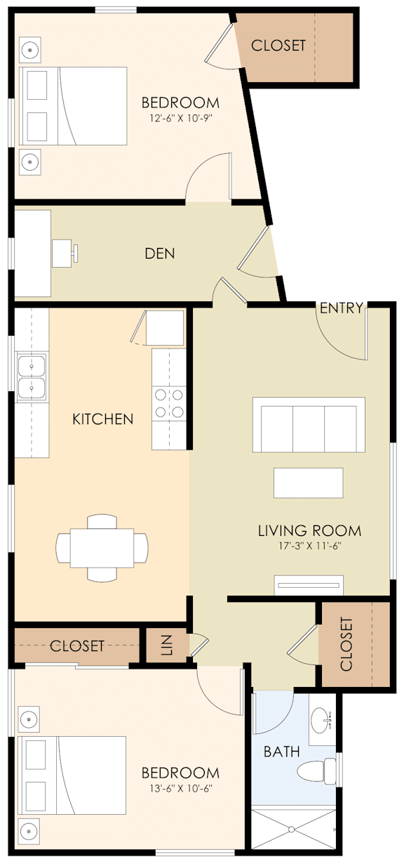 Two Bedroom One Bath with Den 916 Sq Ft