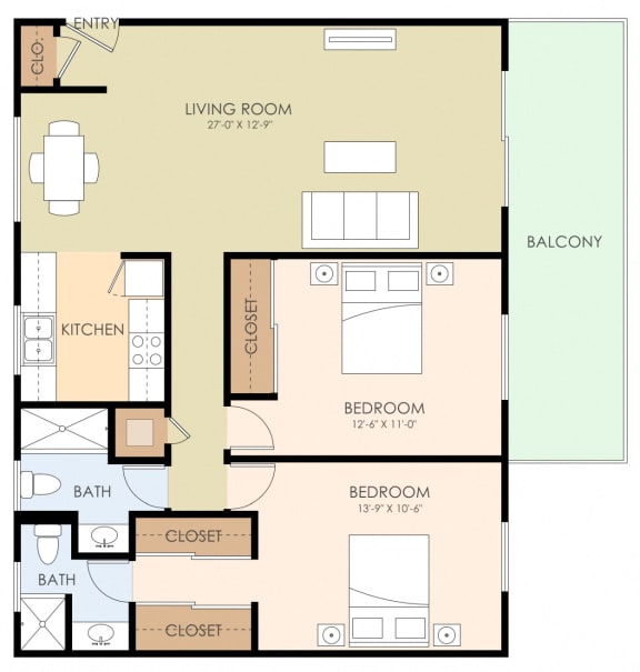Two Bedroom Two Bath Floor Plan 948 Sq.Ft. at Maison Massol, California, 95030