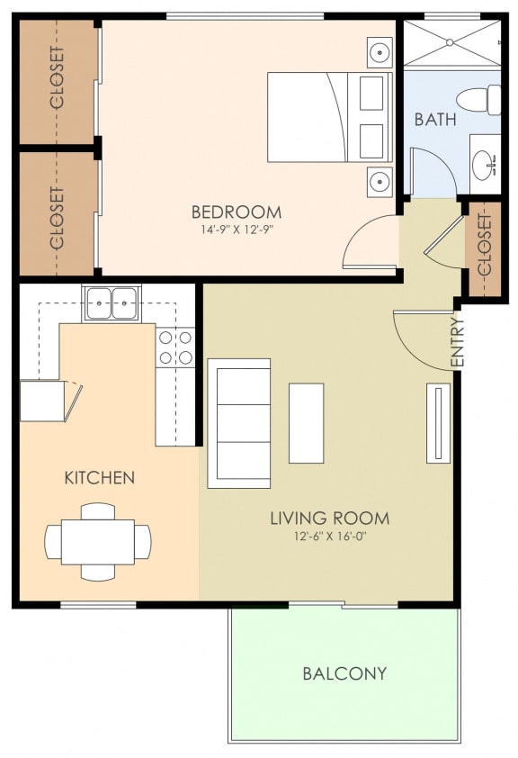 One Bedroom One Bath Floor Plan at Ranchero Plaza, California