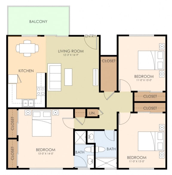 Three Bedroom Two Bath Floor Plan at Ranchero Plaza, San Jose, CA