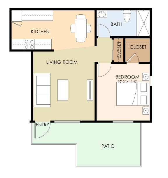 1 Bedroom 1 Bath Floor Plan at Sunnyvale Town Center, Sunnyvale