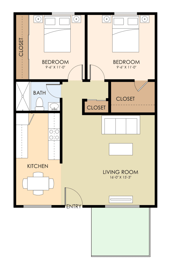 2 Bedroom 1 Bath Floor Plan at Sunnyvale Town Center, Sunnyvale, California