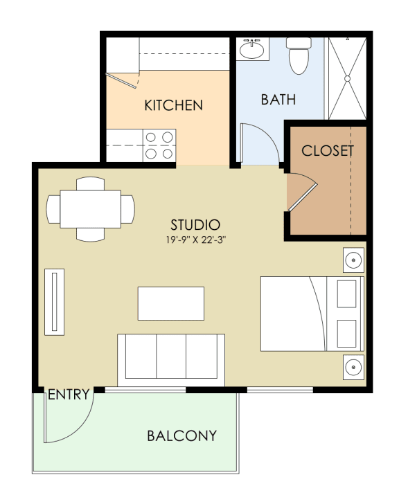 0 Bed 1 Bath Floor Plan at Sunnyvale Town Center, Sunnyvale, CA, 94086