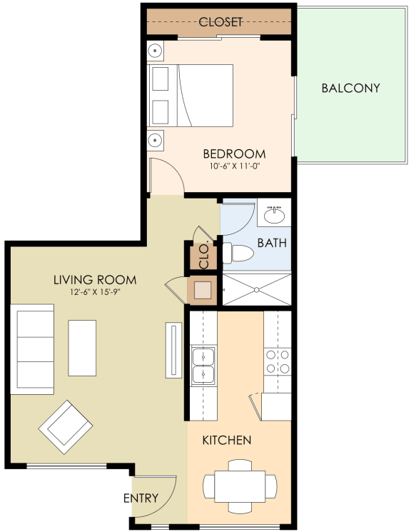 Floor Plan  One Bedroom One Bath Floor Plan 424 to 549 Sq.Ft at Somerset Place, Mountain View, California