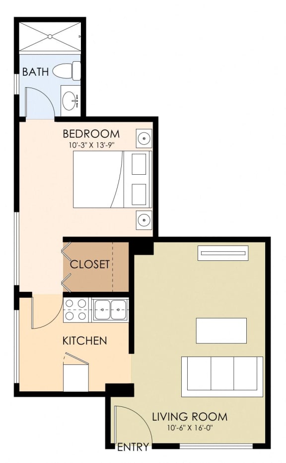 One Bed One Bath Floor Plan 424 to 549 Sq.Ft at Somerset Place, Mountain View, CA, 94043