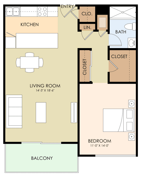 1 bedroom 1 bathroom floor plan 712 Sq.Ft. at Madison Place, San Mateo, CA