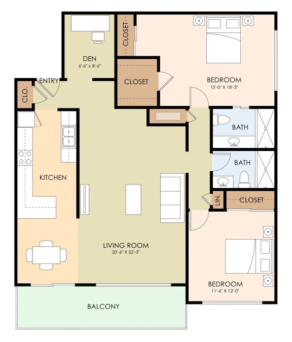2 bedroom 2 bathroom floor plan C 998 to 1,175 Sq.Ft. at Madison Place, San Mateo