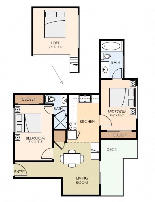 Two Bedroom Two Bath Floor Plan 738 Sq.Ft. at Mountain View Place, Mountain View, 94040