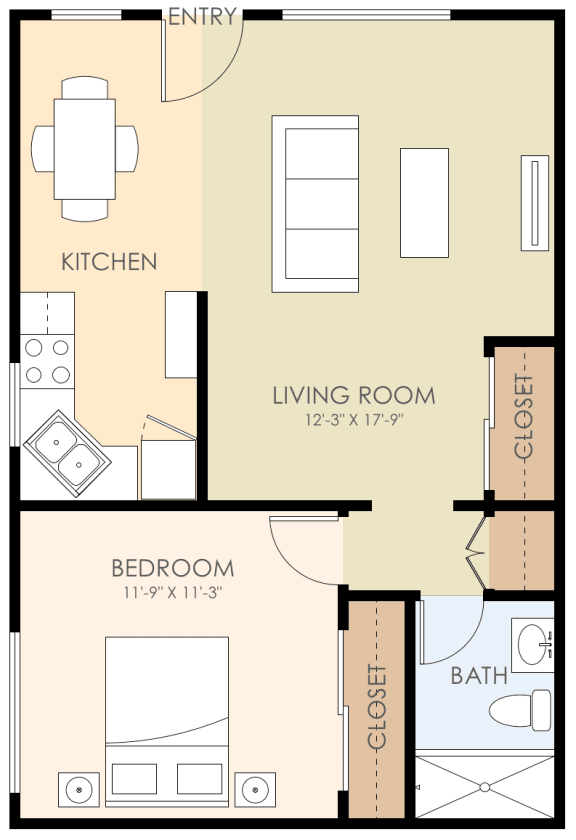 One Bedroom One Bath 576 SQ FT