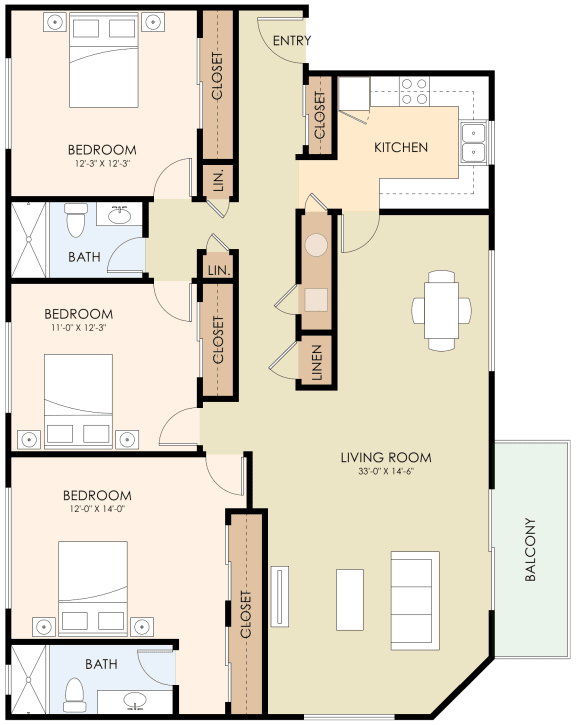 Three Bed Two Bath Floor Plan at Laurel Grove, Menlo Park