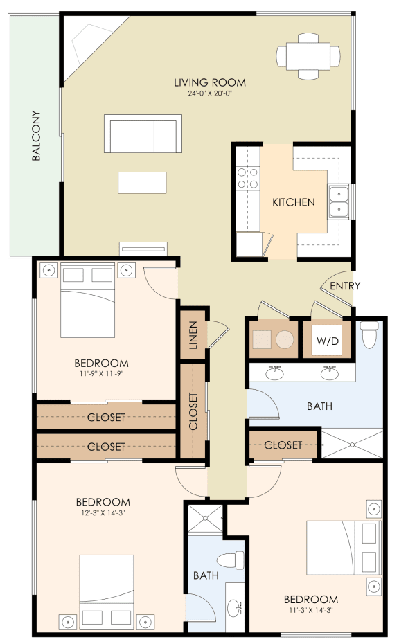 Three Bedroom Two Bath Floor Plan at Laurel Grove, California