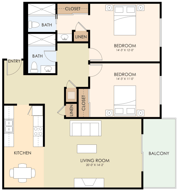 2 Bedroom 2 Bathroom Floor Plan at Laurel Grove, Menlo Park, CA