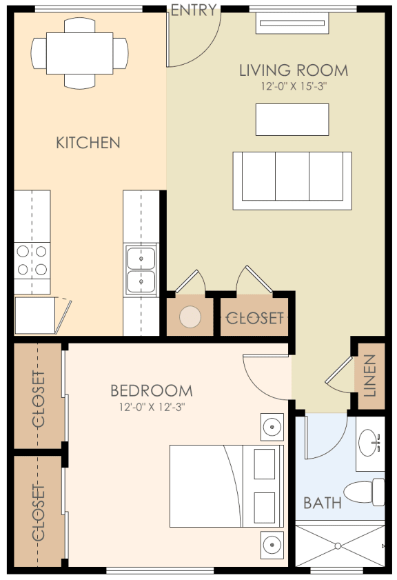 One Bedroom One Bath Floor Plan 600 to 700 Sq.Ft. at Verandas, Menlo Park, CA
