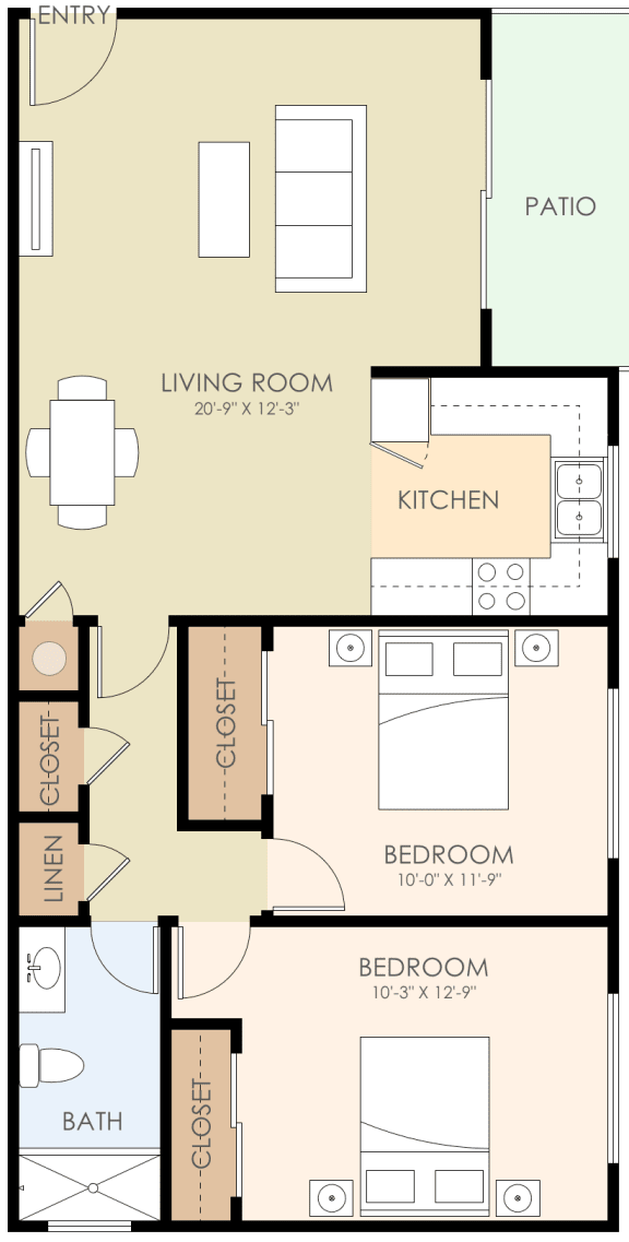 Two Bed One Bath Floor Plan 700 to 800 Sq.Ft. at Verandas, Menlo Park, 94025
