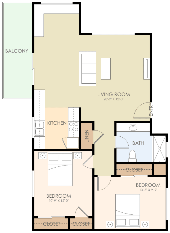 2 Bedroom 1 Bath Floor Plan 700 to 800 Sq.Ft. at Verandas, Menlo Park, California