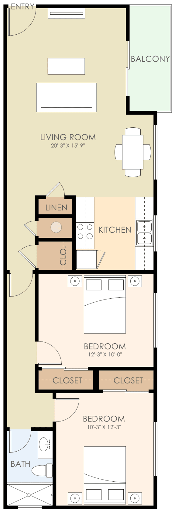 2 Bed 1 Bath Floorplan 700 to 800 Sq.Ft. at Verandas, Menlo Park
